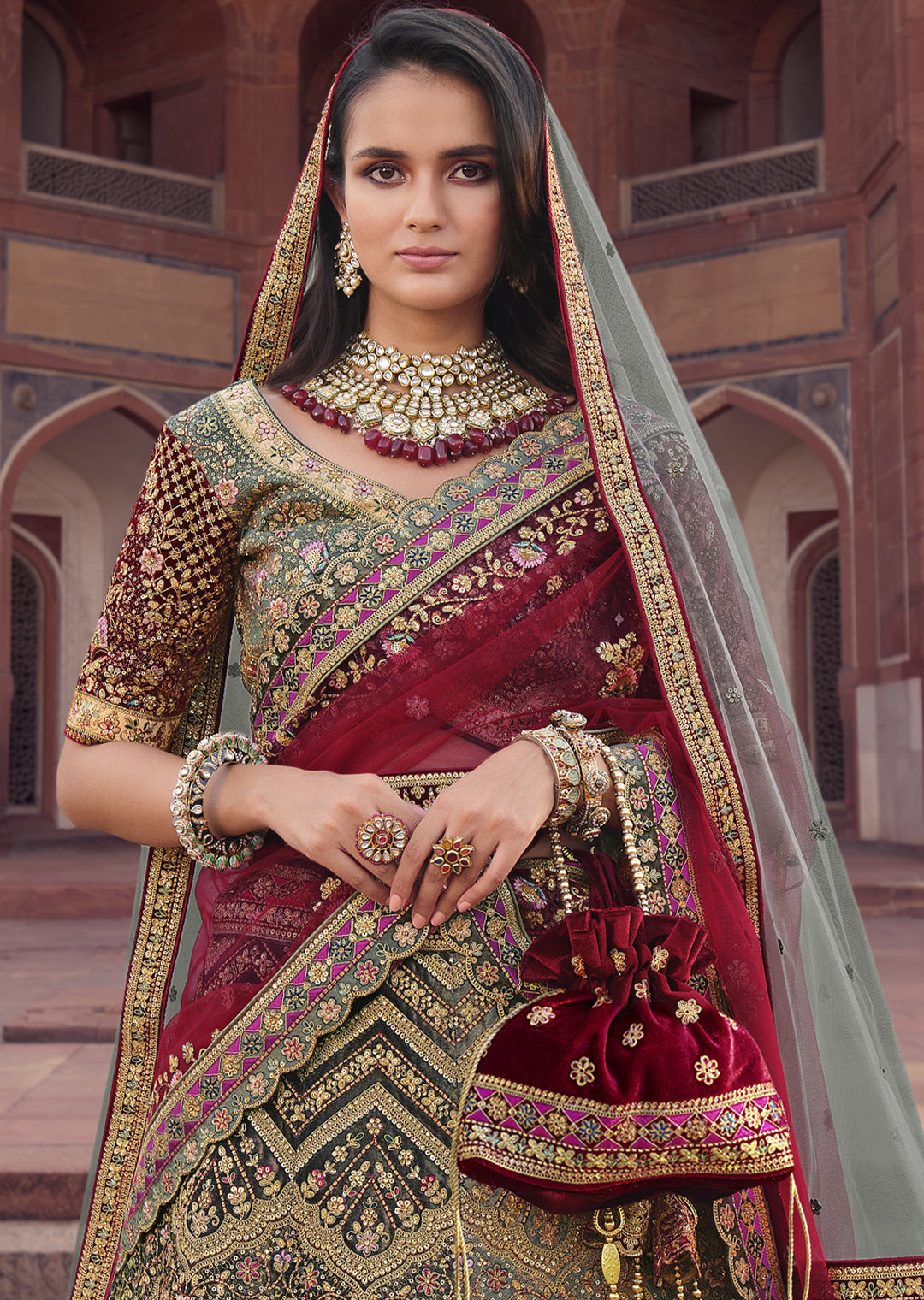 BURGUNDY RED HEAVY EMBROIDERED DESIGNER BRIDAL LEHENGA