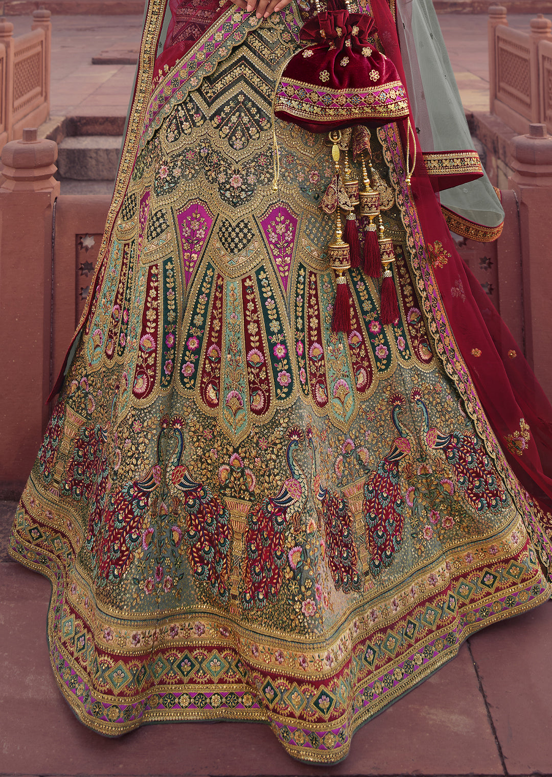 BURGUNDY RED HEAVY EMBROIDERED DESIGNER BRIDAL LEHENGA