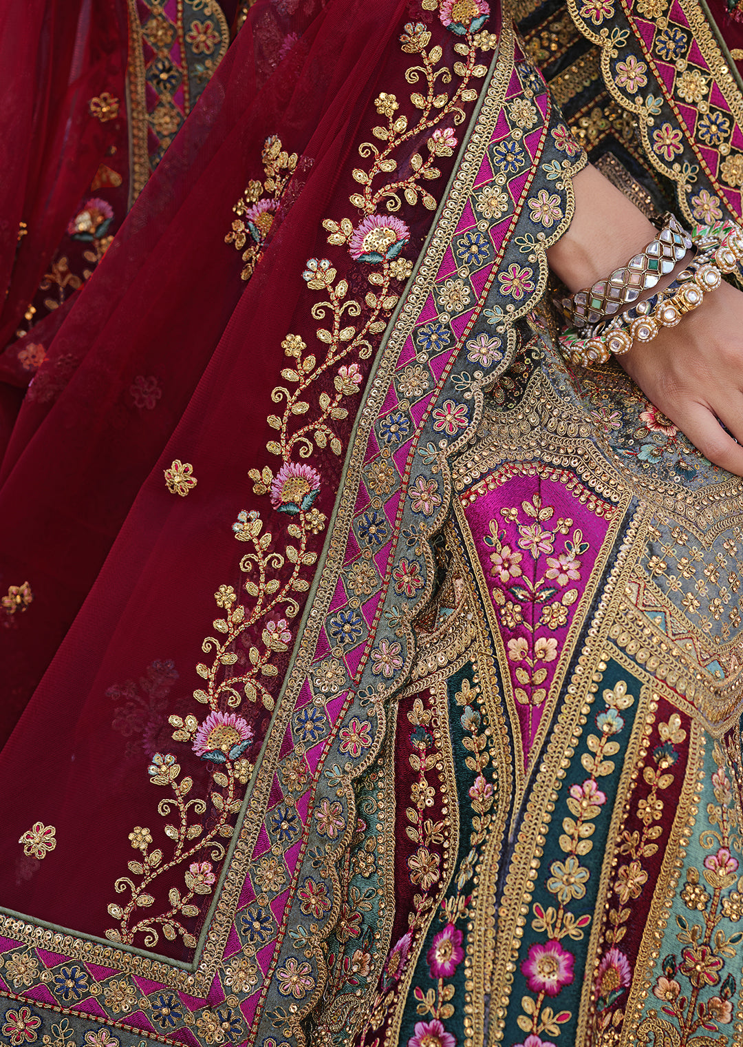 BURGUNDY RED HEAVY EMBROIDERED DESIGNER BRIDAL LEHENGA