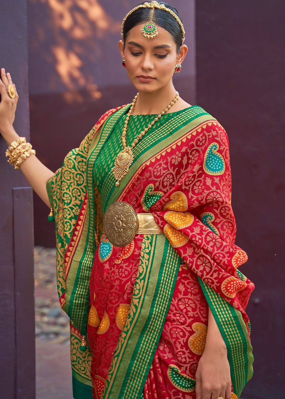 RED WOVEN PURE BRASSO CHIFFON SAREE