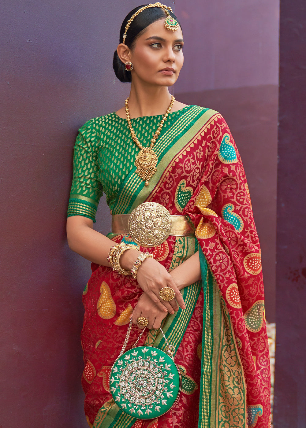 RED WOVEN PURE BRASSO CHIFFON SAREE