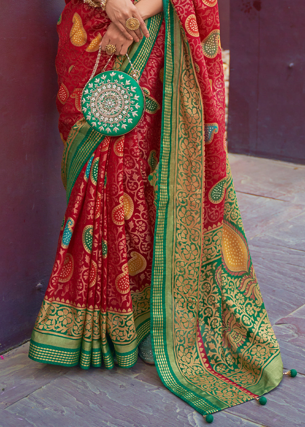 RED WOVEN PURE BRASSO CHIFFON SAREE