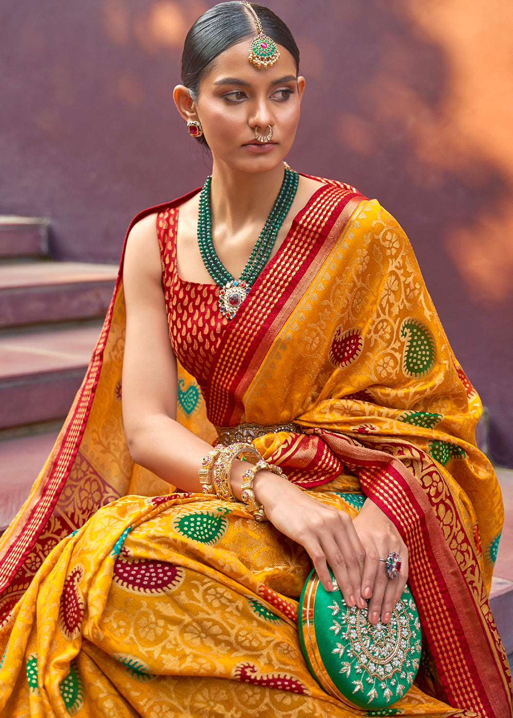 MUSTARD YELLOW WOVEN PURE BRASSO CHIFFON SAREE