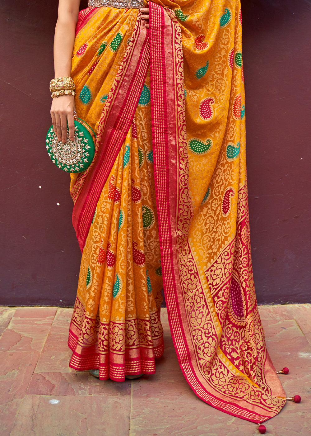 MUSTARD YELLOW WOVEN PURE BRASSO CHIFFON SAREE