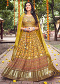 HONEY YELLOW WOVEN LAGDI PATTA GAJJI SILK LEHENGA WITH HEAVY HANDWORKED BLOUSE