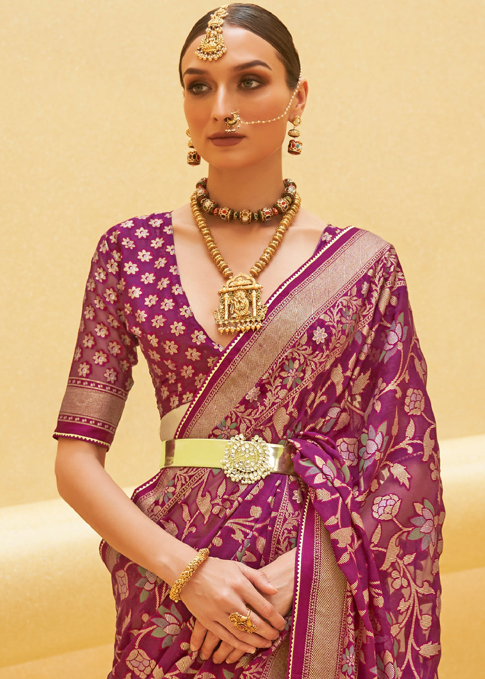MAGENTA PURPLE WOVEN PURE BRASSO ORGANZA SAREE