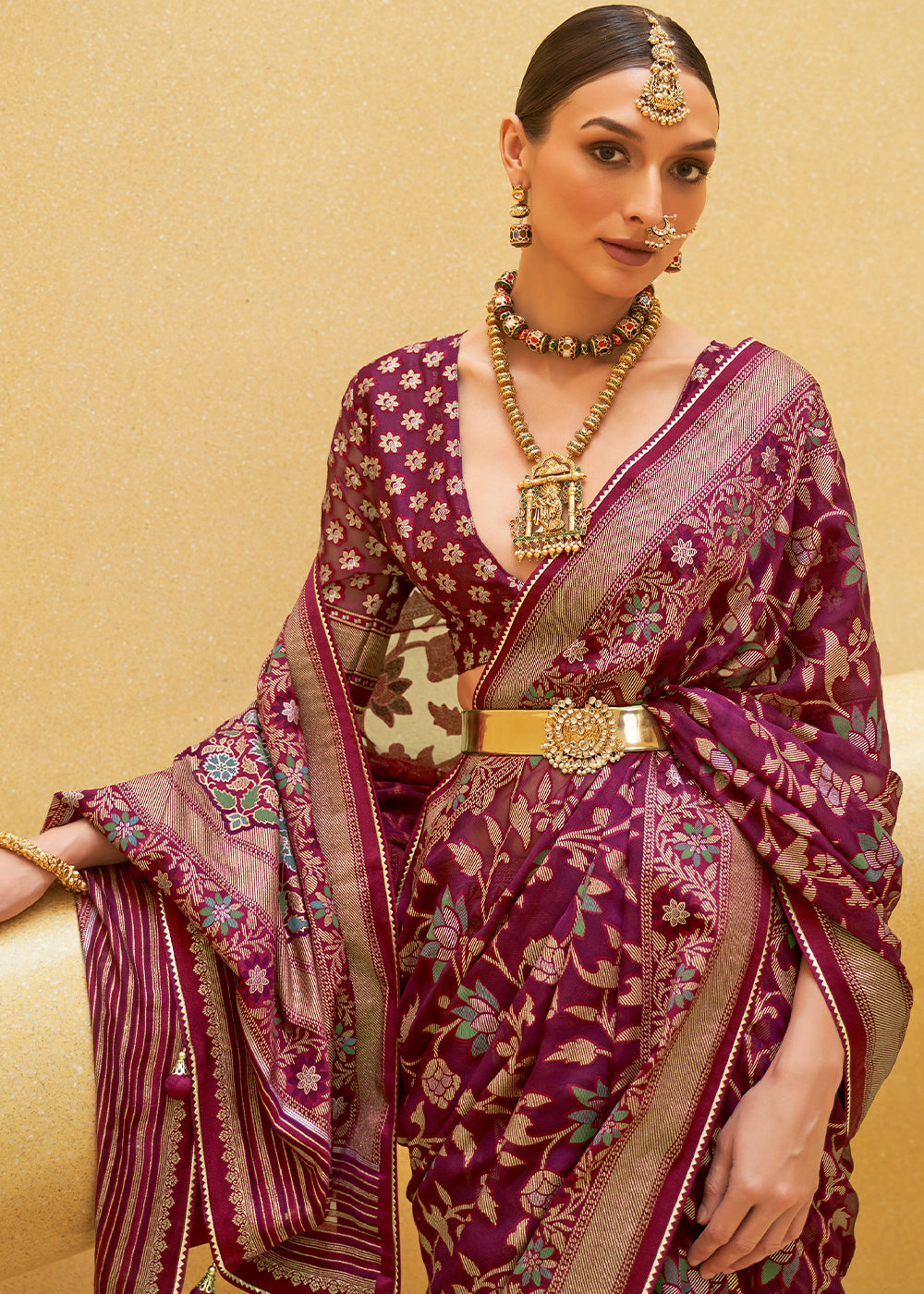 MAGENTA PURPLE WOVEN PURE BRASSO ORGANZA SAREE