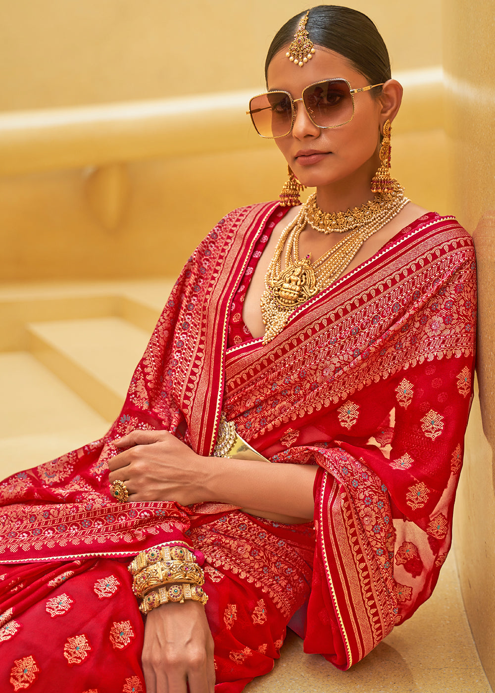 RED WOVEN PURE BRASSO ORGANZA SAREE