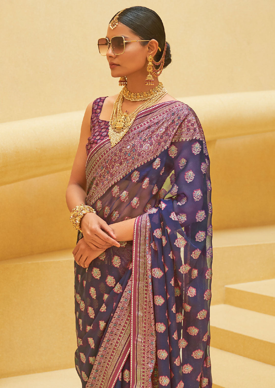 DEEP TRUE PURPLE WOVEN PURE BRASSO ORGANZA SAREE