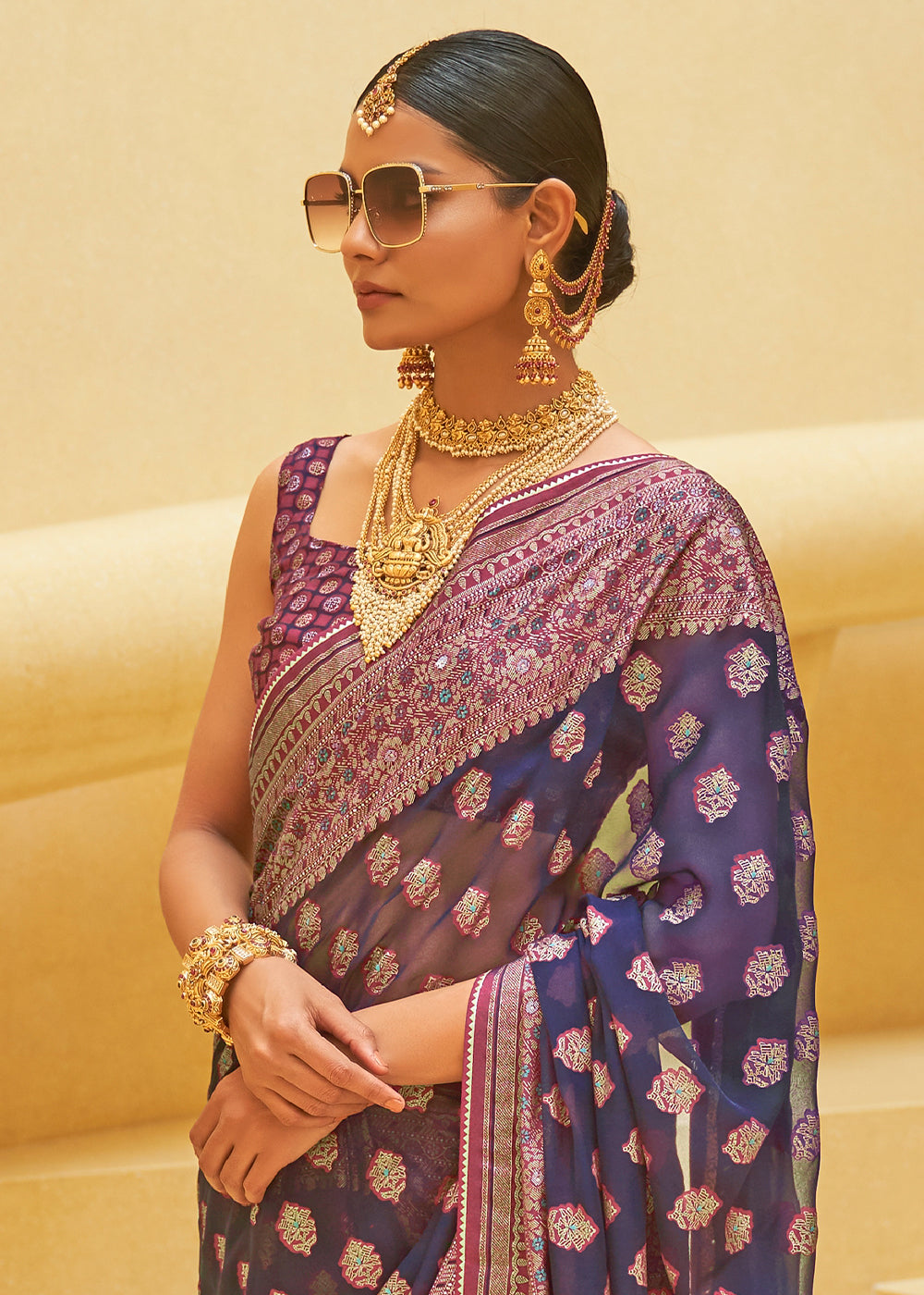 DEEP TRUE PURPLE WOVEN PURE BRASSO ORGANZA SAREE