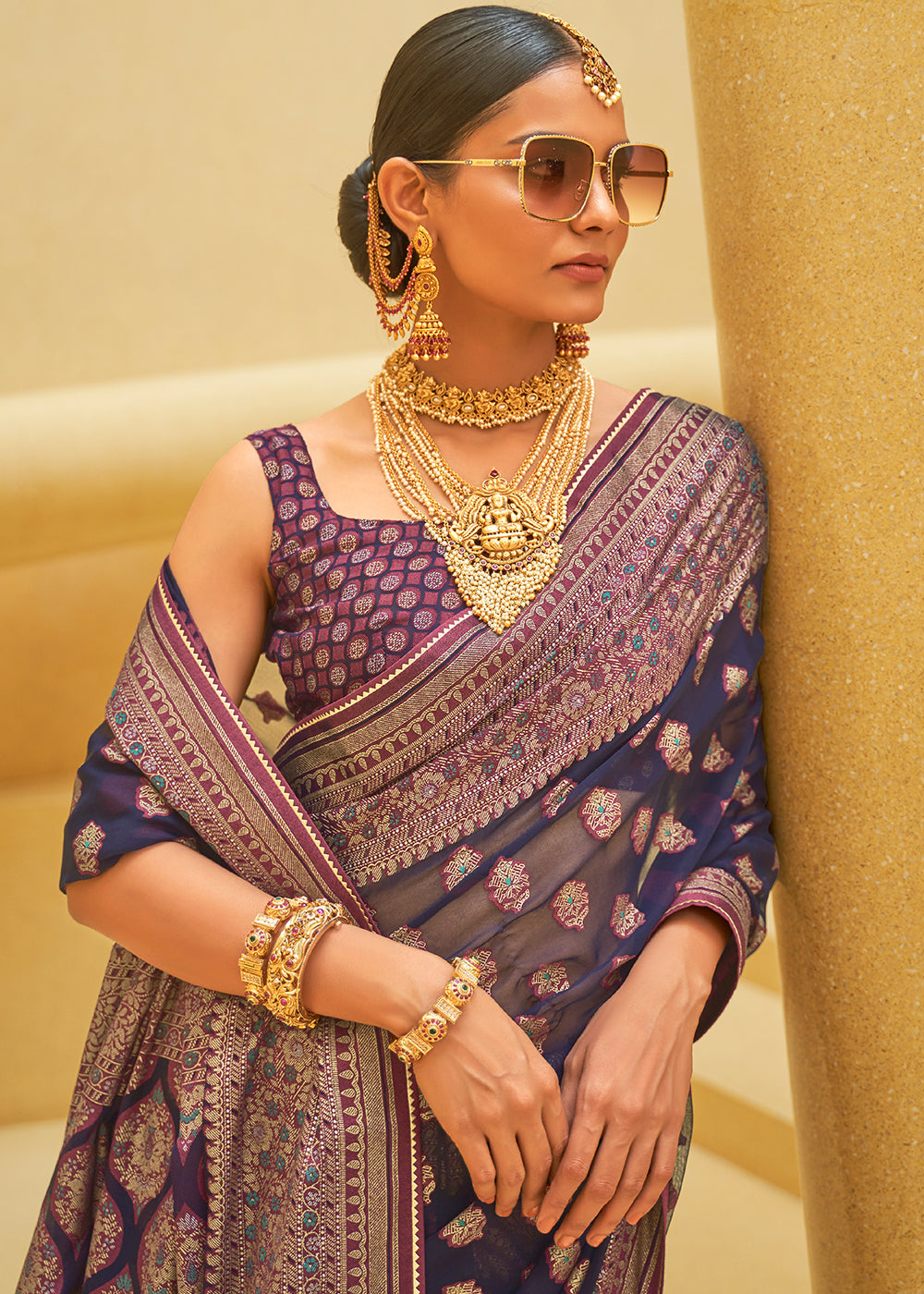 DEEP TRUE PURPLE WOVEN PURE BRASSO ORGANZA SAREE