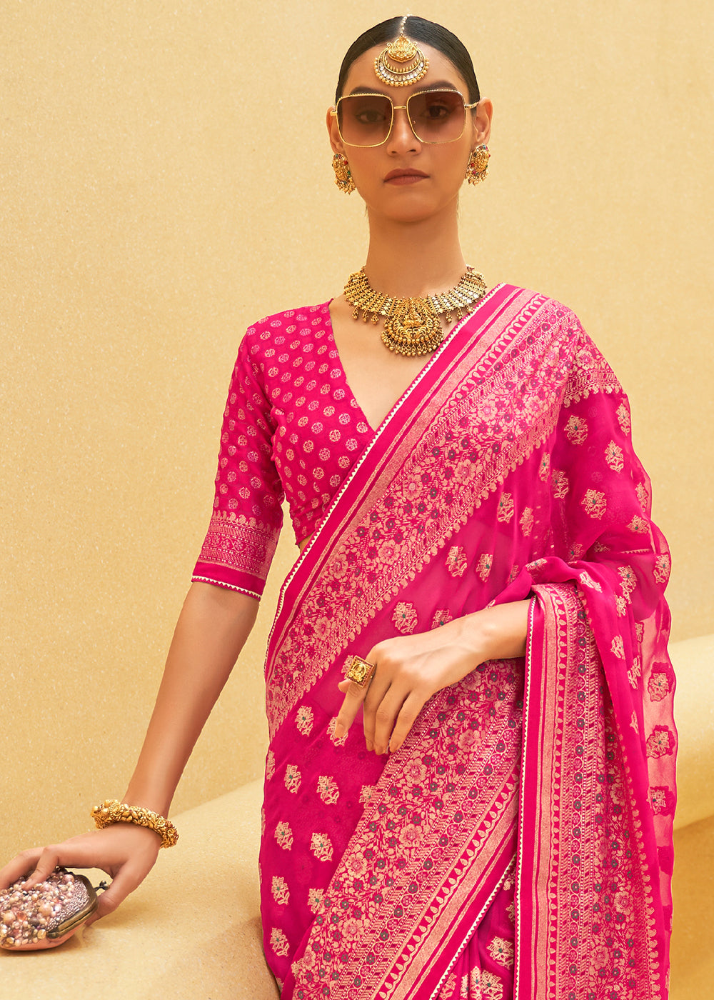 HOT PINK WOVEN PURE BRASSO ORGANZA SAREE