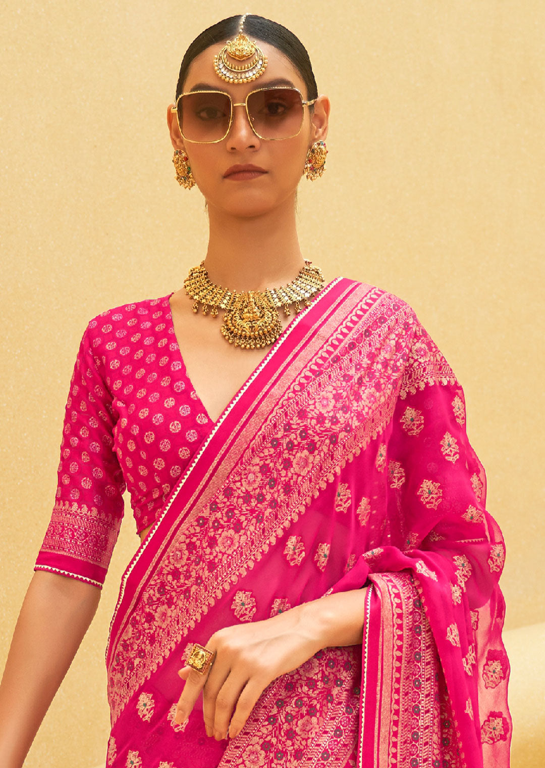 HOT PINK WOVEN PURE BRASSO ORGANZA SAREE