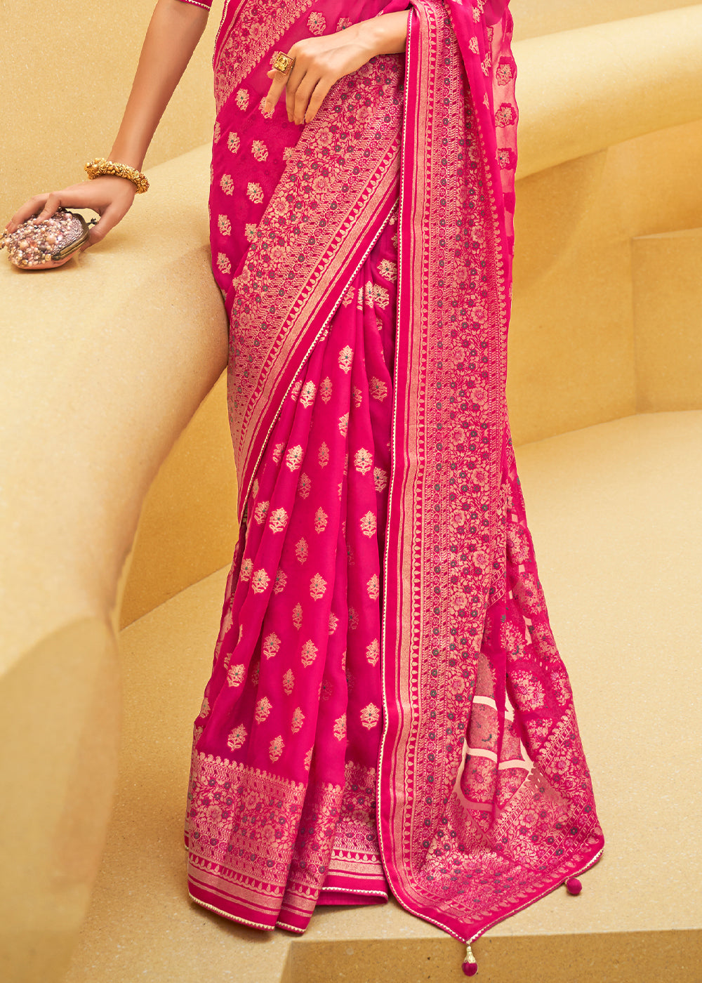 HOT PINK WOVEN PURE BRASSO ORGANZA SAREE