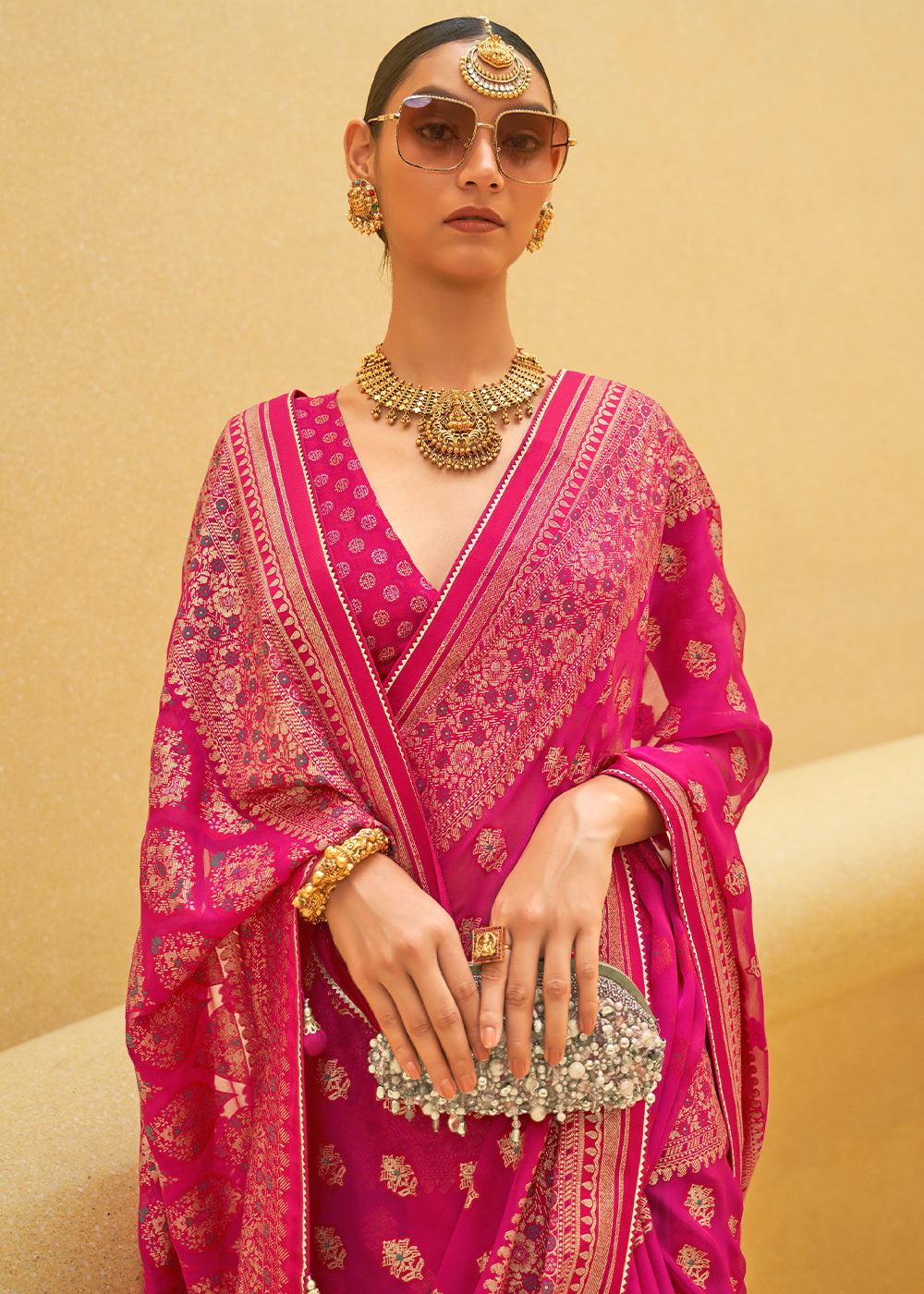 HOT PINK WOVEN PURE BRASSO ORGANZA SAREE