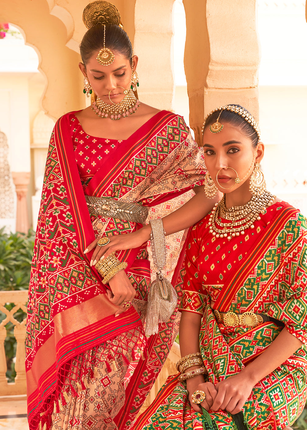 PEACH AND RED ZARI WOVEN TUSSAR PATOLA SILK SAREE WITH LAGDI PATTA