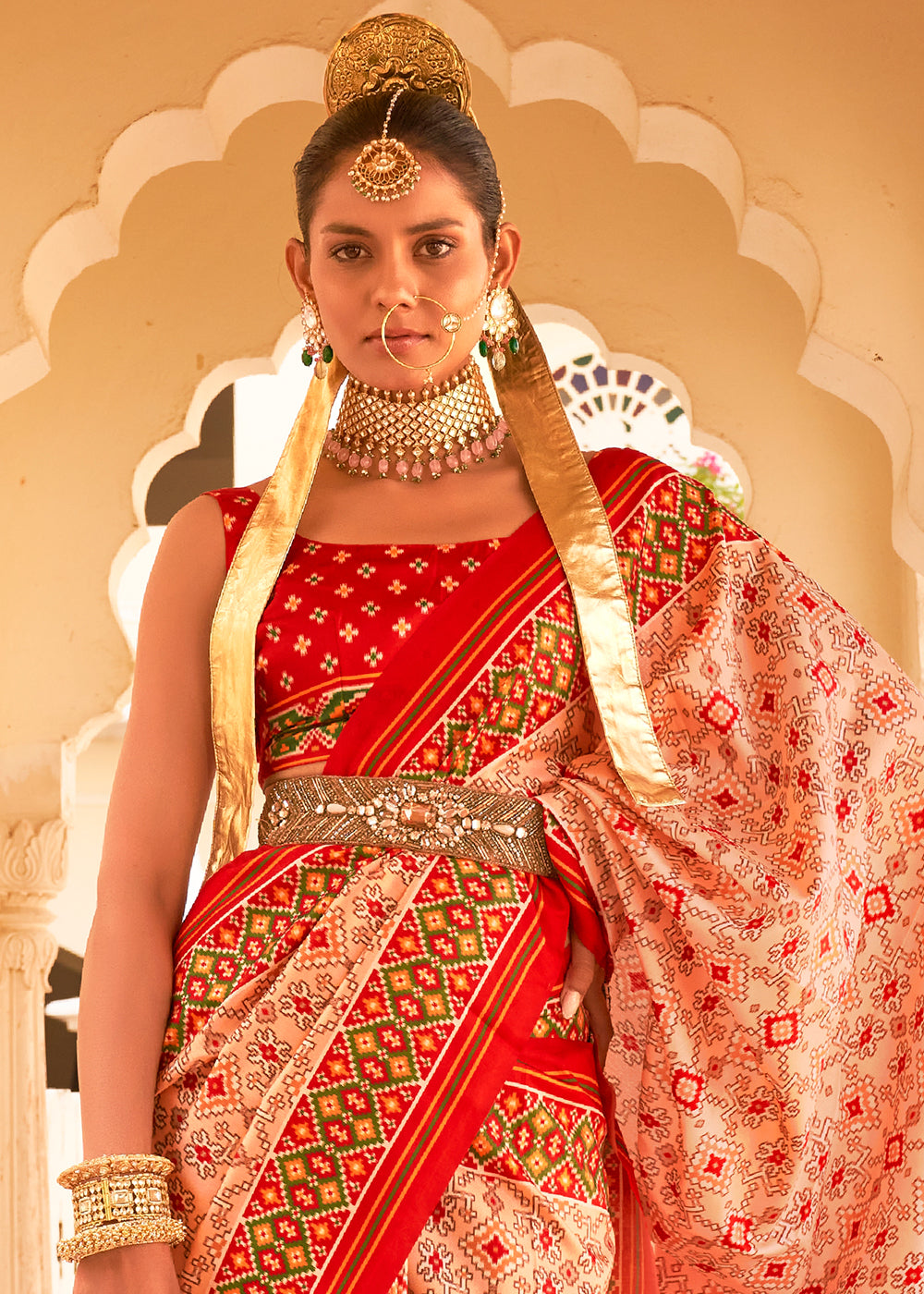 PEACH AND RED ZARI WOVEN TUSSAR PATOLA SILK SAREE WITH LAGDI PATTA