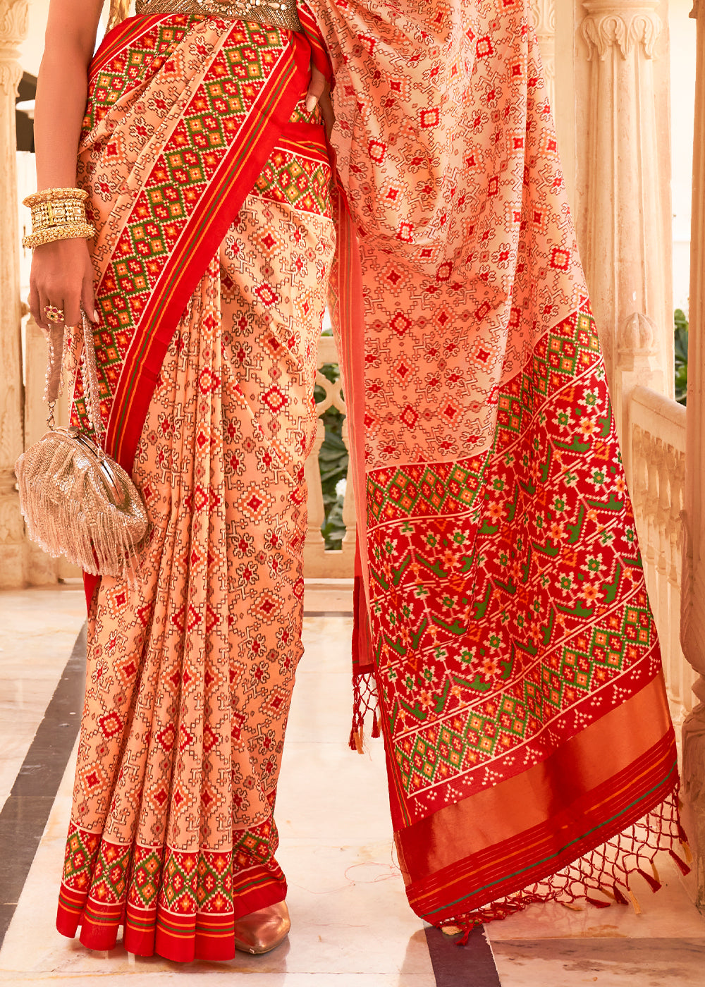 PEACH AND RED ZARI WOVEN TUSSAR PATOLA SILK SAREE WITH LAGDI PATTA