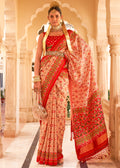 PEACH AND RED ZARI WOVEN TUSSAR PATOLA SILK SAREE WITH LAGDI PATTA