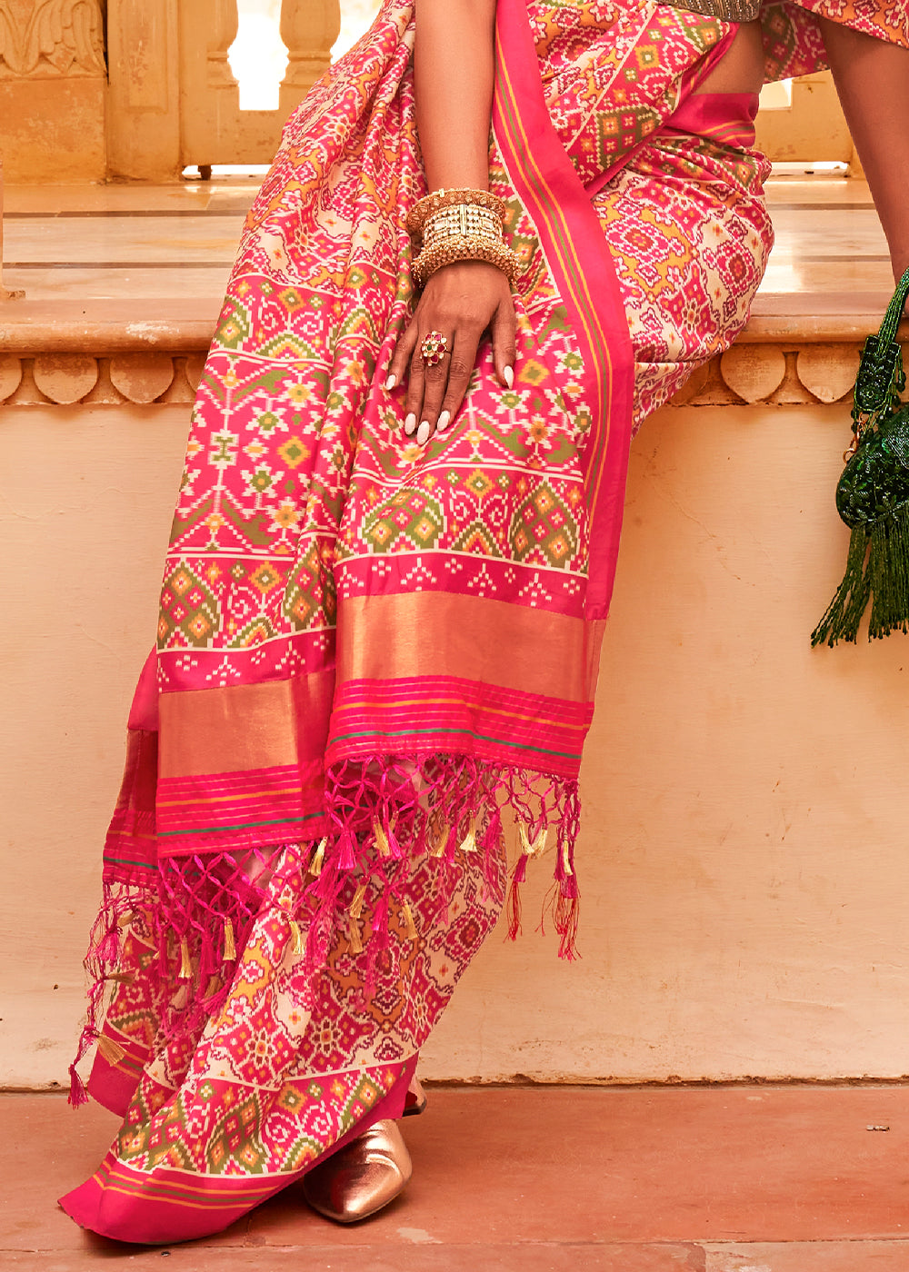FRENCH ROSE PINK ZARI WOVEN TUSSAR PATOLA SILK SAREE WITH LAGDI PATTA