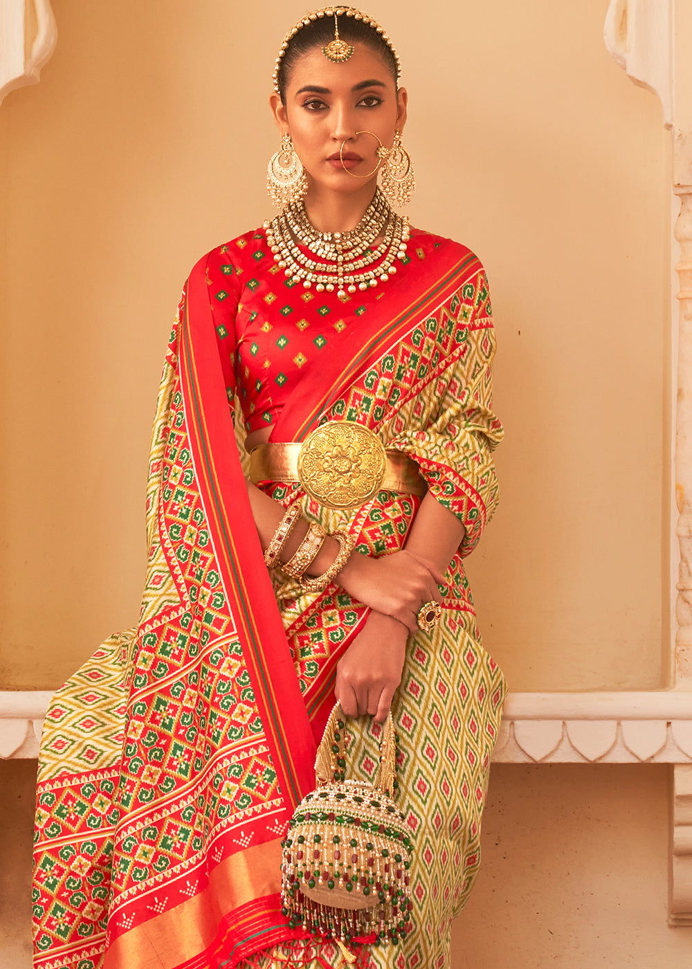 CREAM WHITE  ZARI WOVEN TUSSAR PATOLA SILK SAREE WITH LAGDI PATTA