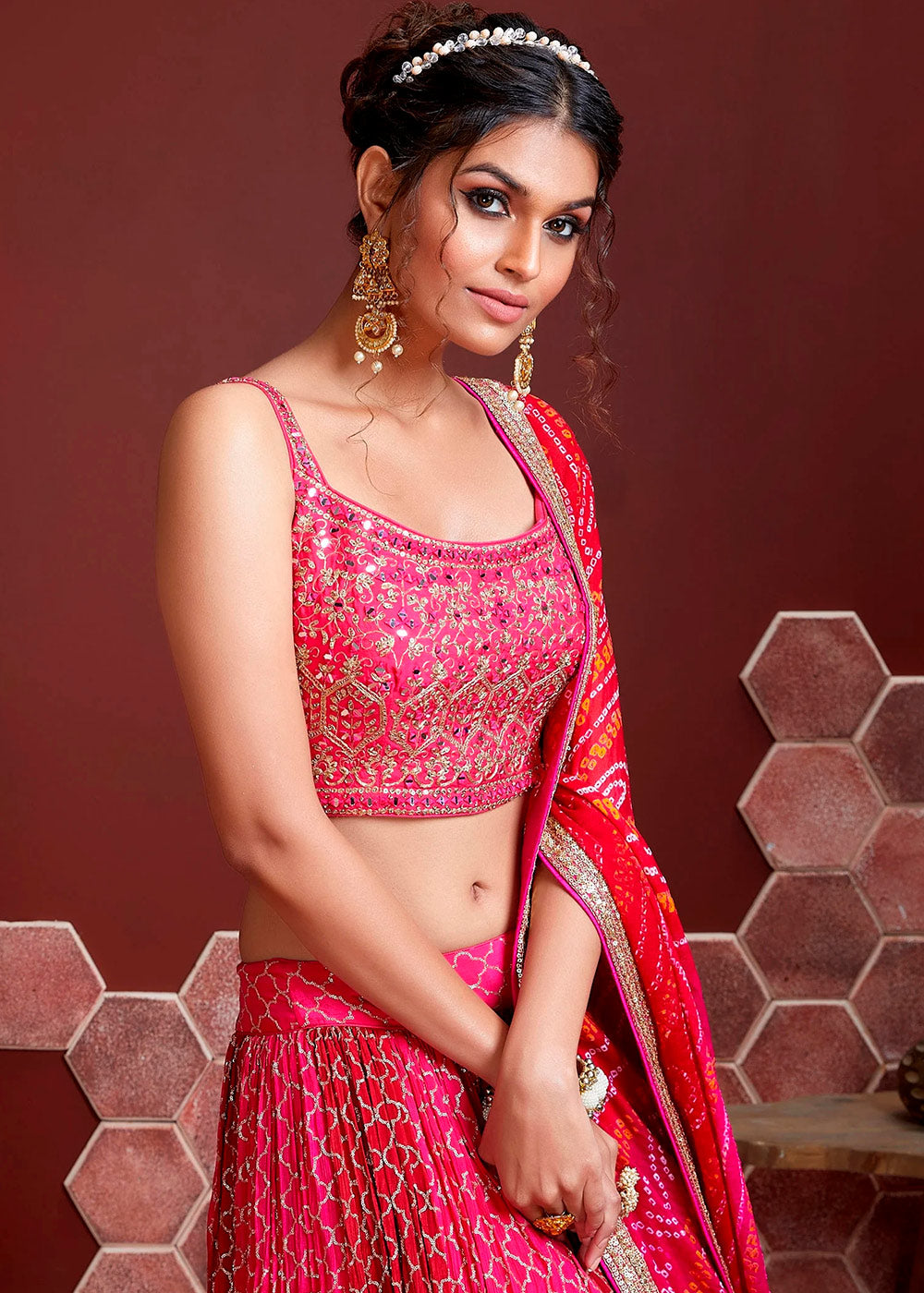 CERISE PINK SILK LEHENGA WITH HEAVY EMBROIDERED BLOUSE