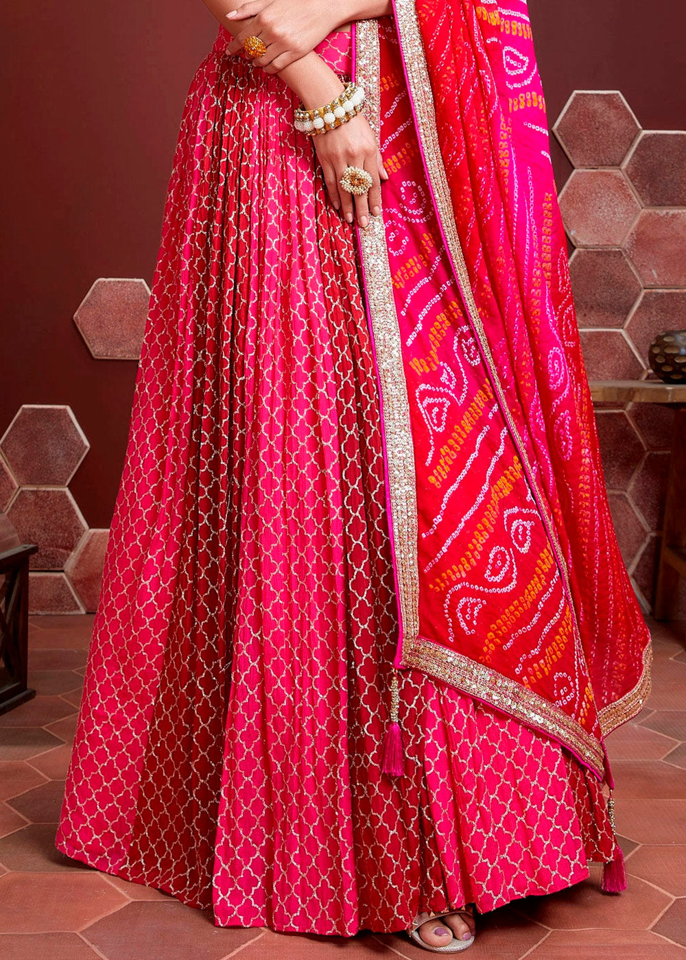 CERISE PINK SILK LEHENGA WITH HEAVY EMBROIDERED BLOUSE
