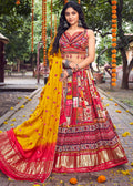 RED WOVEN LAGDI PATTA GAJJI SILK LEHENGA WITH HEAVY HANDWORKED BLOUSE