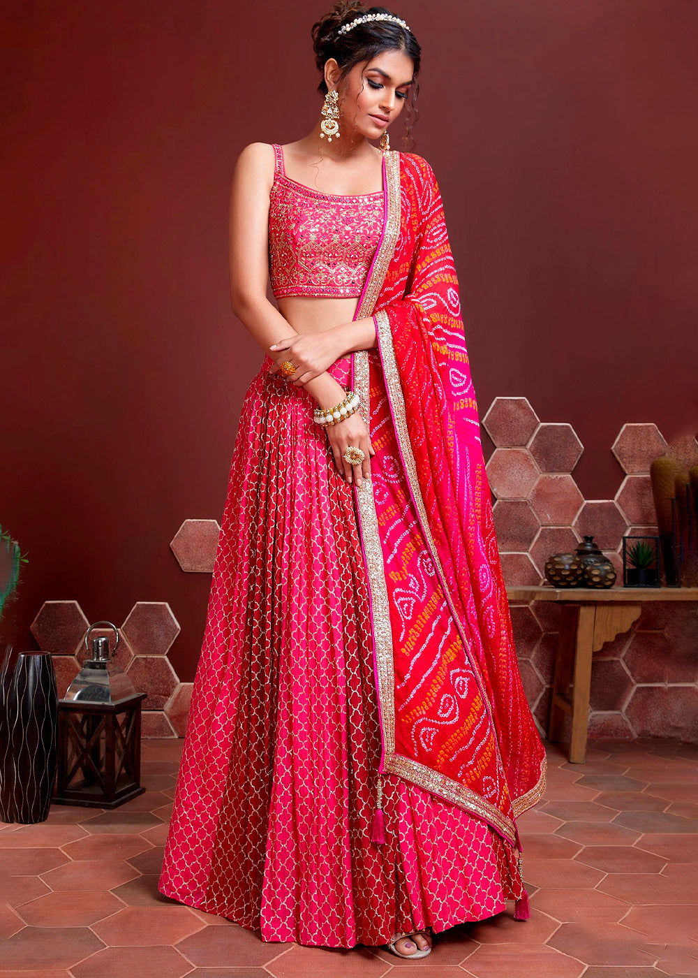 CERISE PINK SILK LEHENGA WITH HEAVY EMBROIDERED BLOUSE