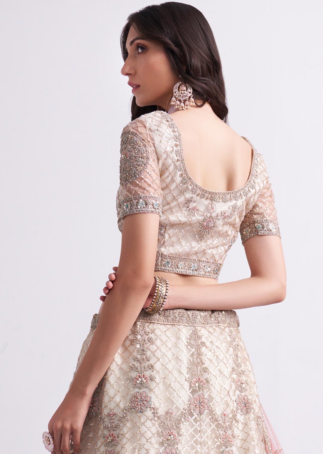 PEARL WHITE AND PINK HEAVY EMBROIDERED DESIGNER BRIDAL LEHENGA