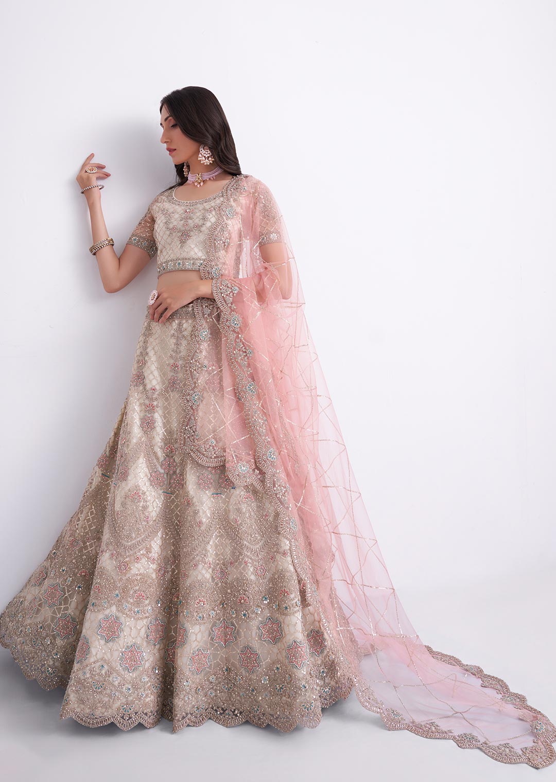 PEARL WHITE AND PINK HEAVY EMBROIDERED DESIGNER BRIDAL LEHENGA