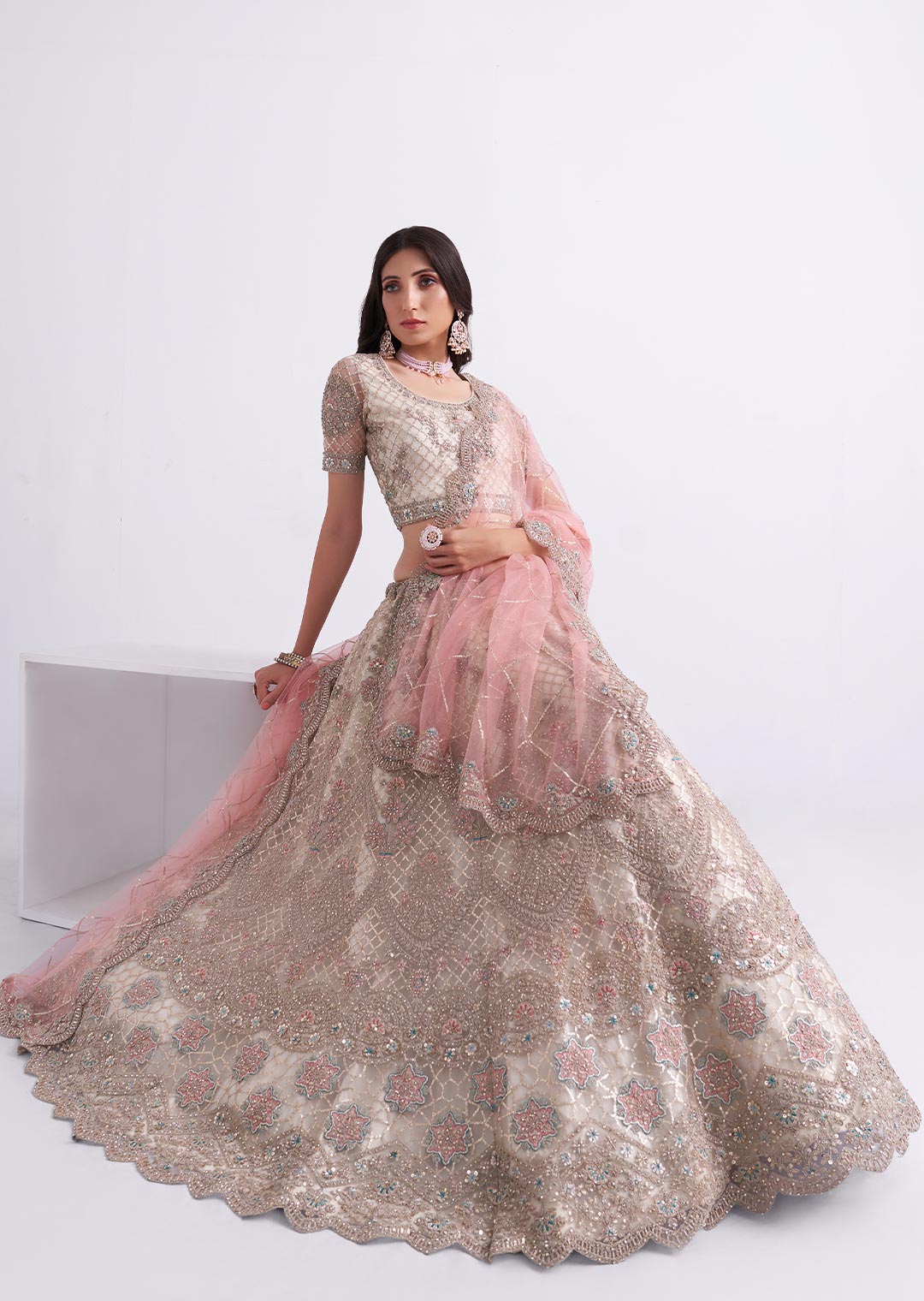 PEARL WHITE AND PINK HEAVY EMBROIDERED DESIGNER BRIDAL LEHENGA