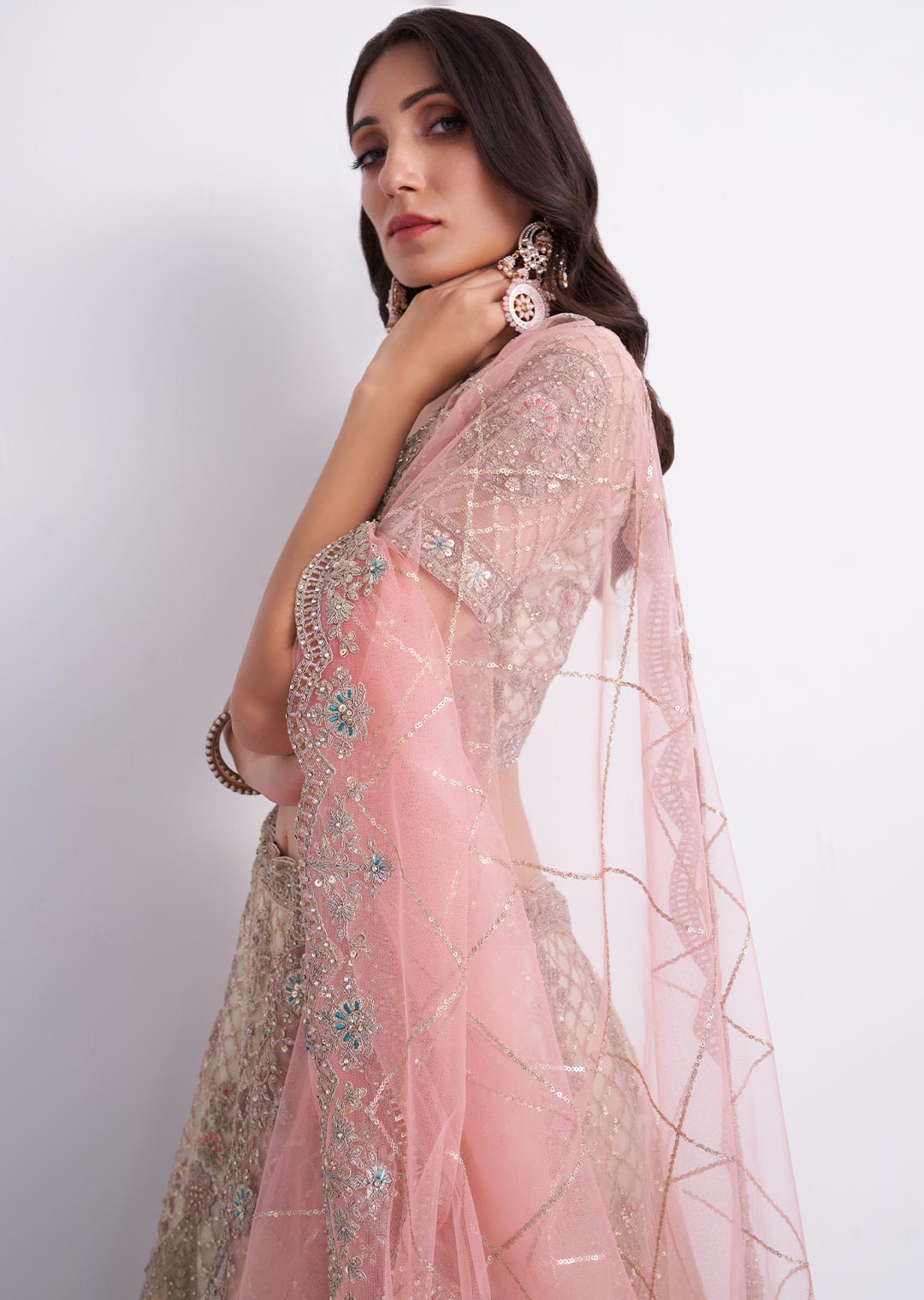 PEARL WHITE AND PINK HEAVY EMBROIDERED DESIGNER BRIDAL LEHENGA