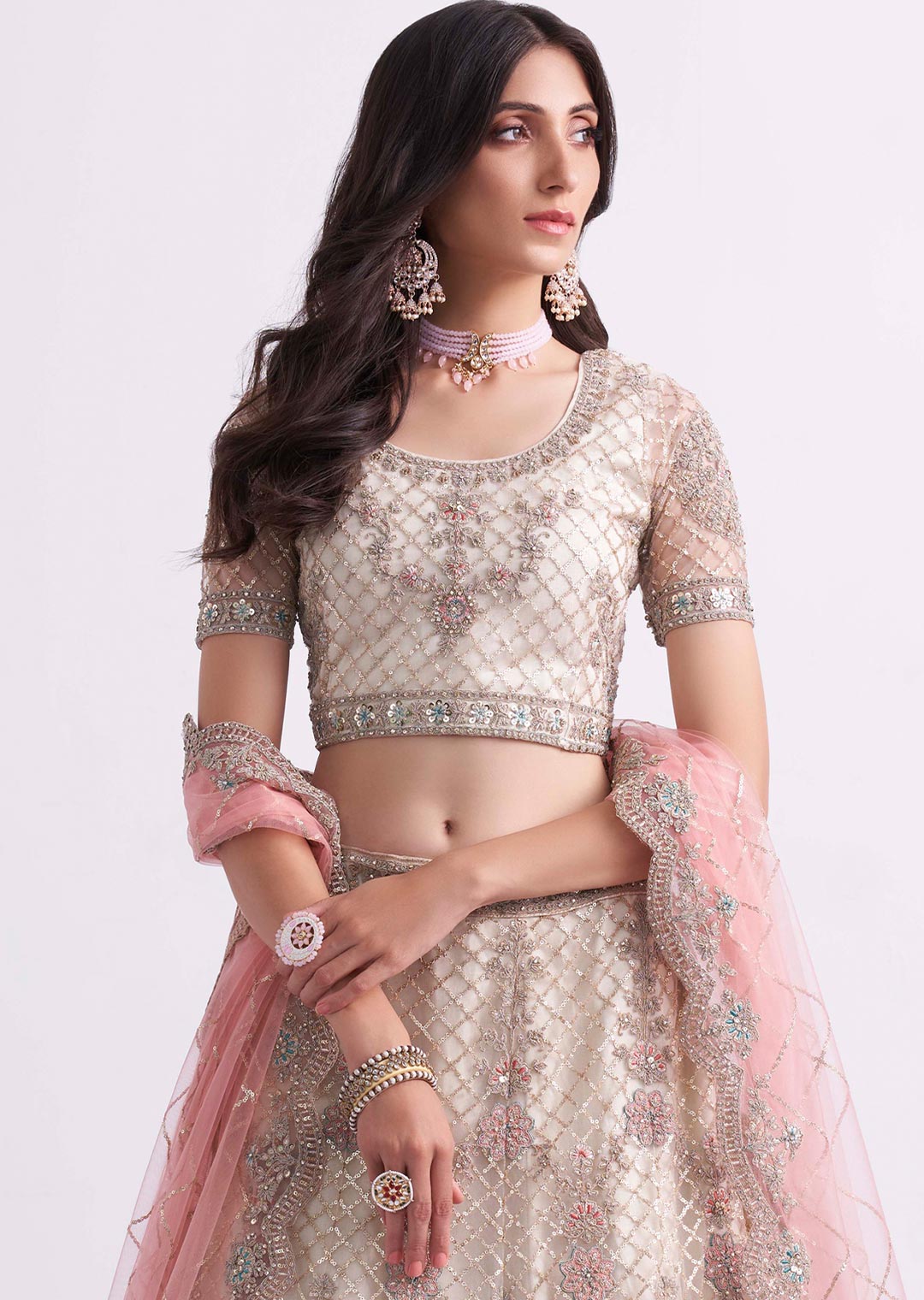 PEARL WHITE AND PINK HEAVY EMBROIDERED DESIGNER BRIDAL LEHENGA