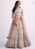 PEARL WHITE AND PINK HEAVY EMBROIDERED DESIGNER BRIDAL LEHENGA