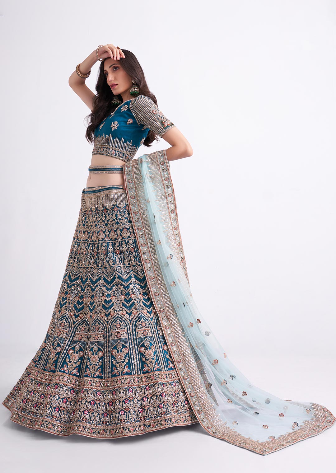 TEAL BLUE HEAVY EMBROIDERED DESIGNER BRIDAL LEHENGA