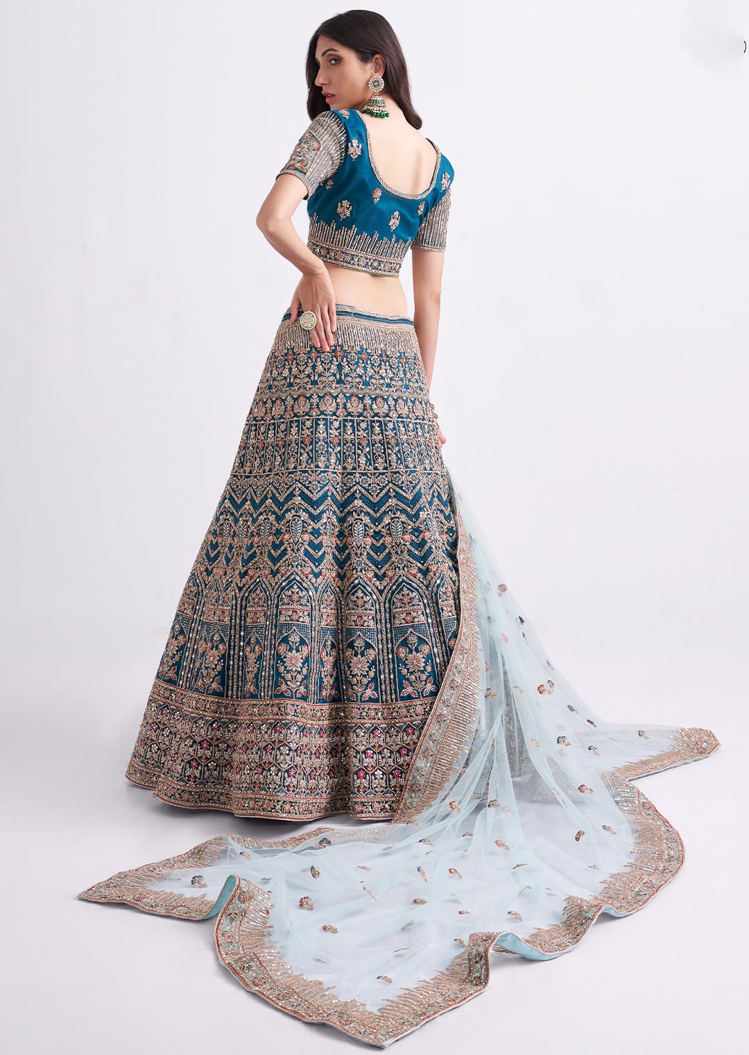 TEAL BLUE HEAVY EMBROIDERED DESIGNER BRIDAL LEHENGA