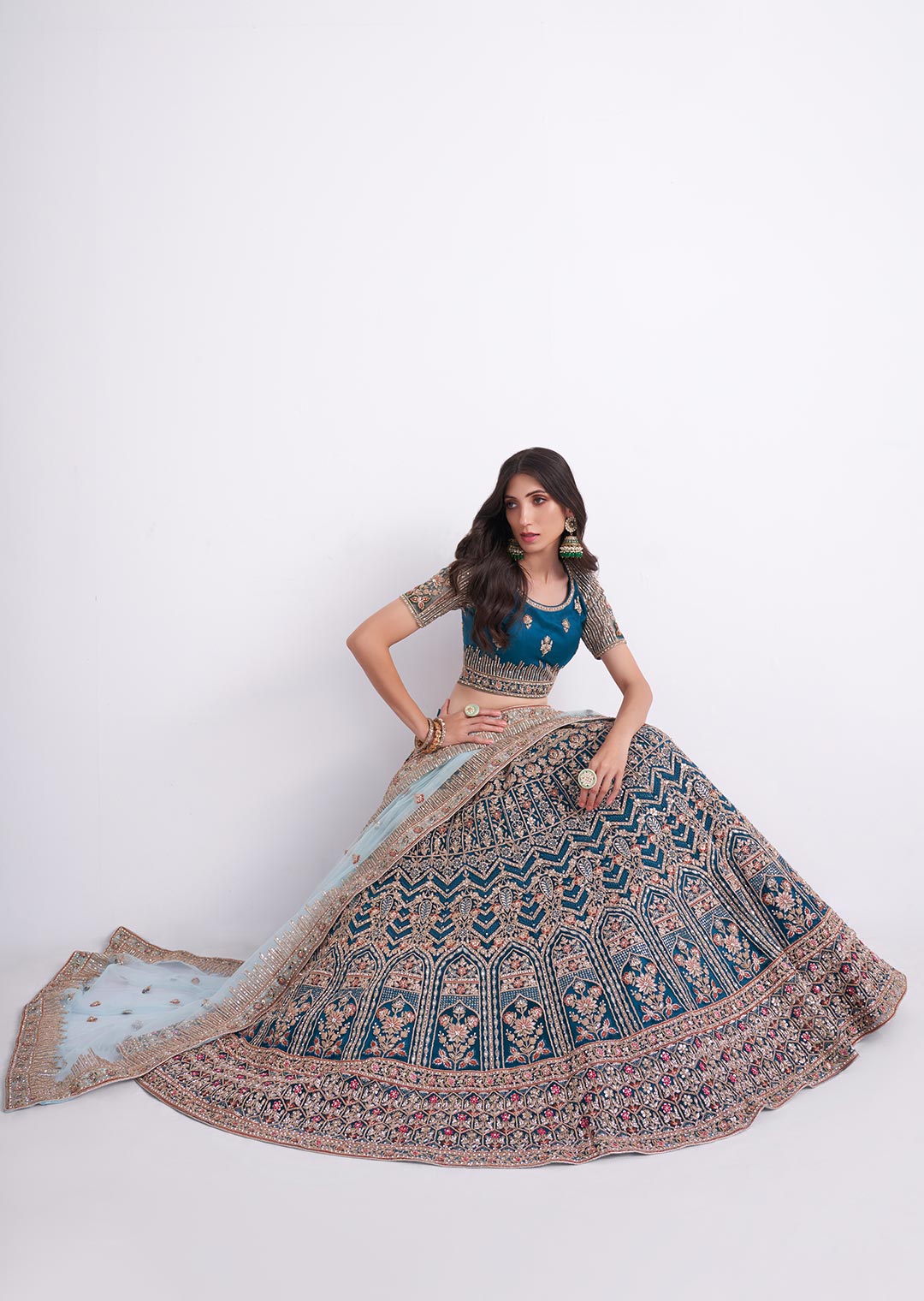 TEAL BLUE HEAVY EMBROIDERED DESIGNER BRIDAL LEHENGA