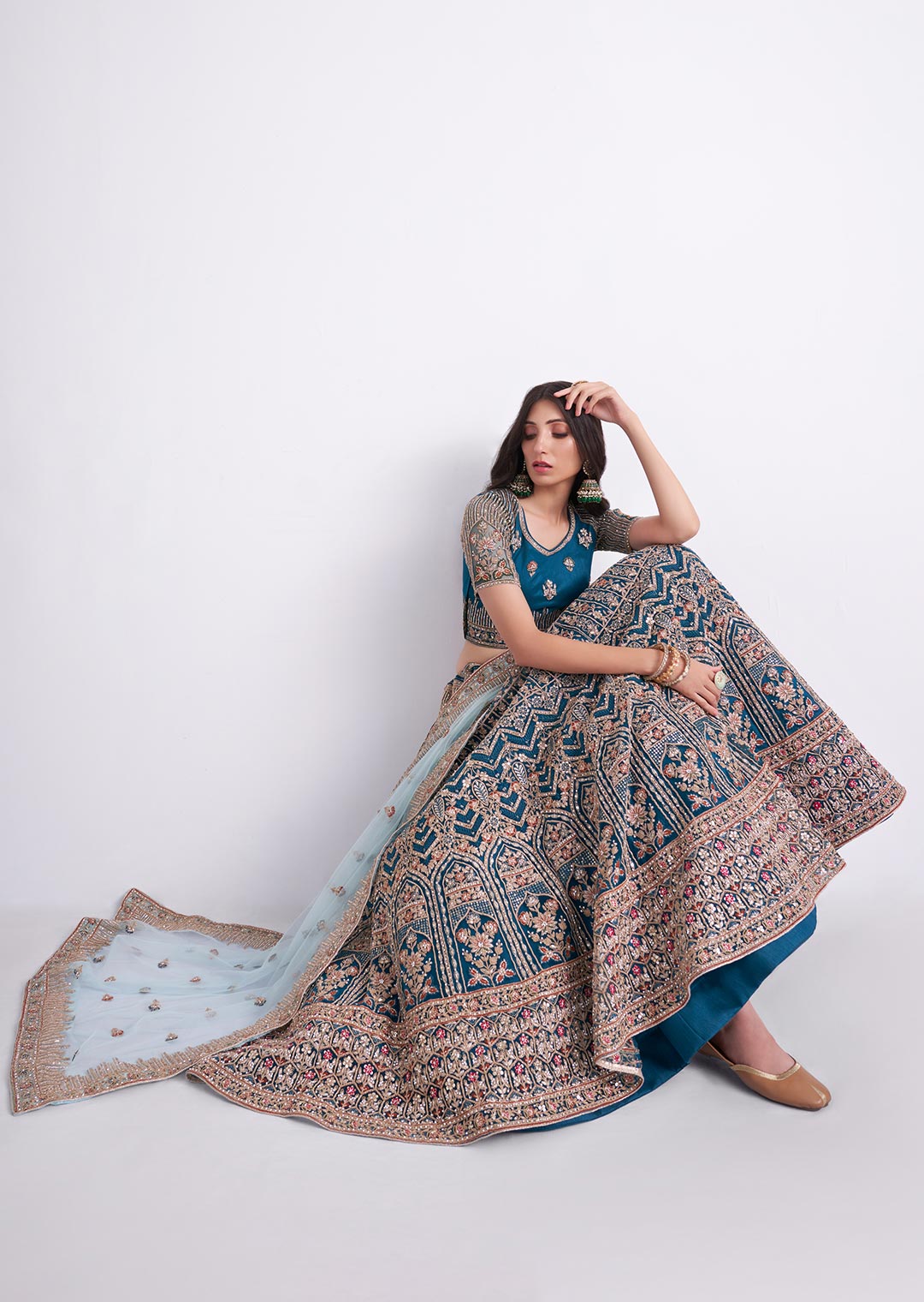 TEAL BLUE HEAVY EMBROIDERED DESIGNER BRIDAL LEHENGA