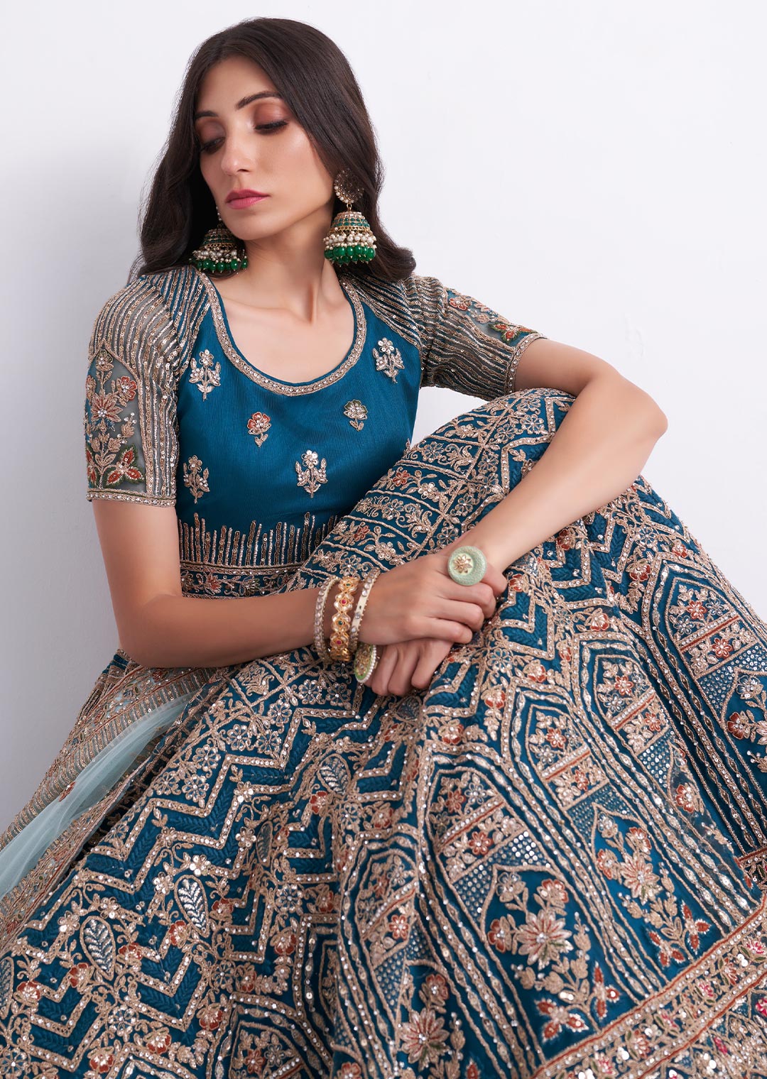 TEAL BLUE HEAVY EMBROIDERED DESIGNER BRIDAL LEHENGA