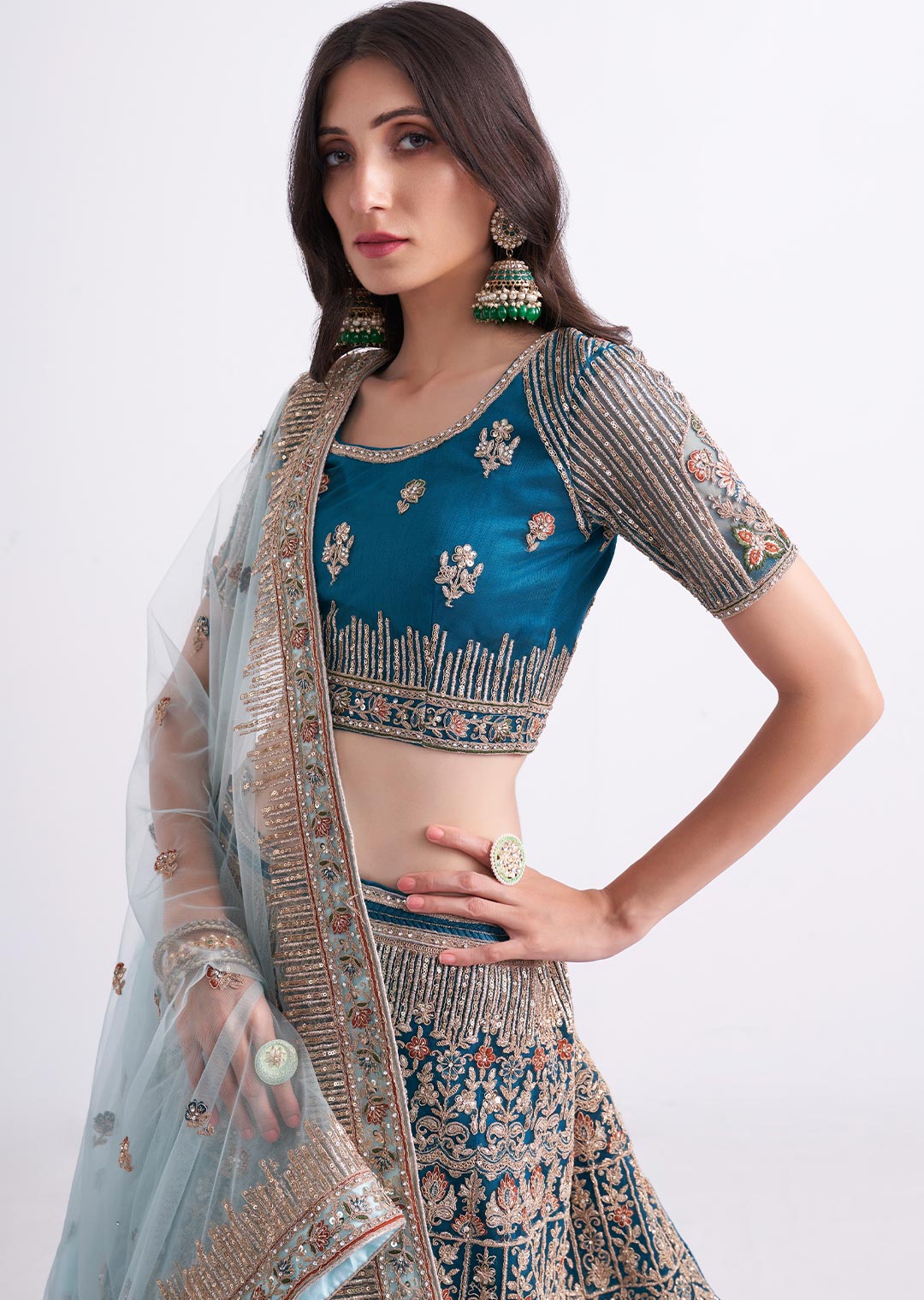 TEAL BLUE HEAVY EMBROIDERED DESIGNER BRIDAL LEHENGA