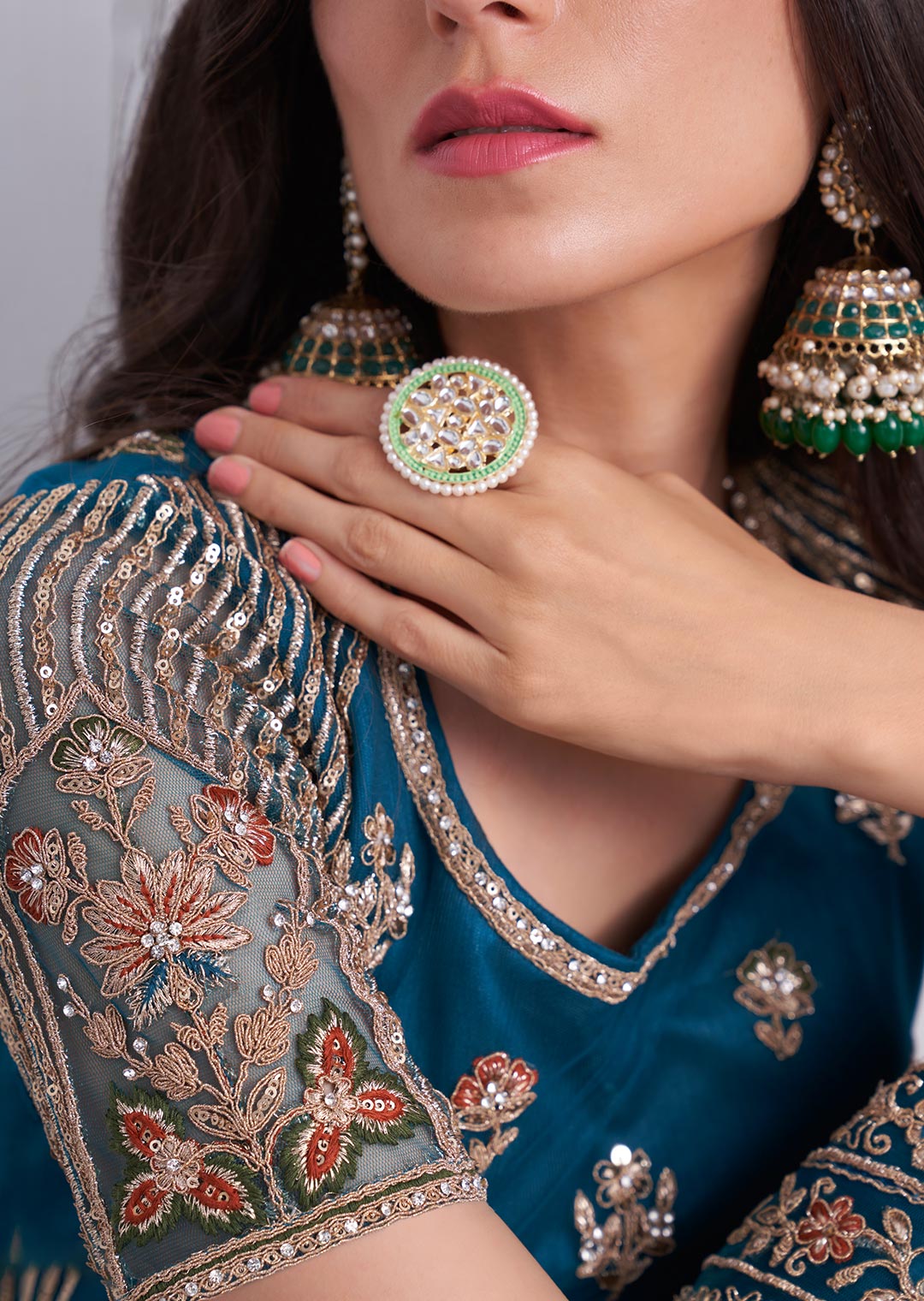 TEAL BLUE HEAVY EMBROIDERED DESIGNER BRIDAL LEHENGA
