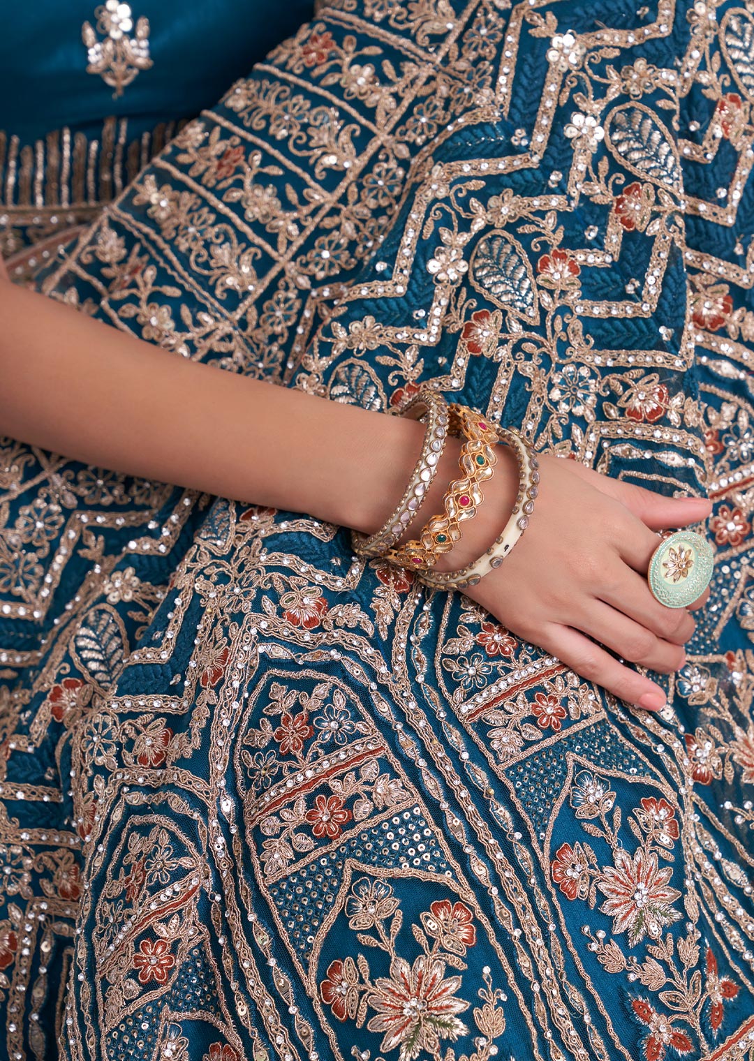 TEAL BLUE HEAVY EMBROIDERED DESIGNER BRIDAL LEHENGA