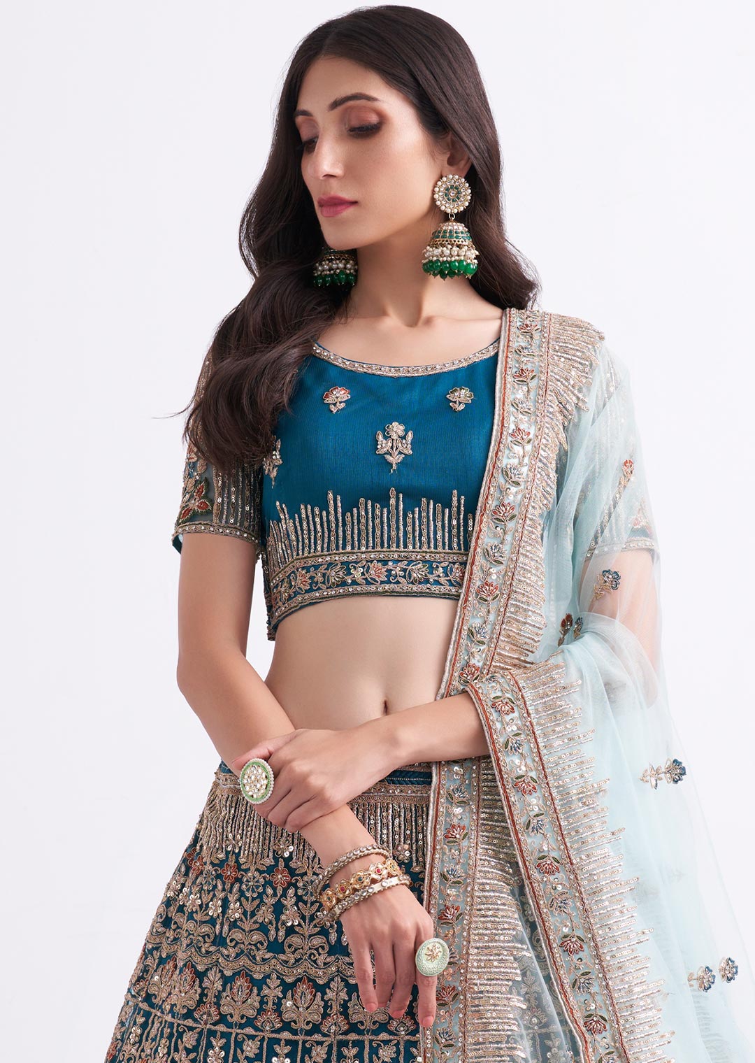 TEAL BLUE HEAVY EMBROIDERED DESIGNER BRIDAL LEHENGA