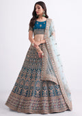 TEAL BLUE HEAVY EMBROIDERED DESIGNER BRIDAL LEHENGA