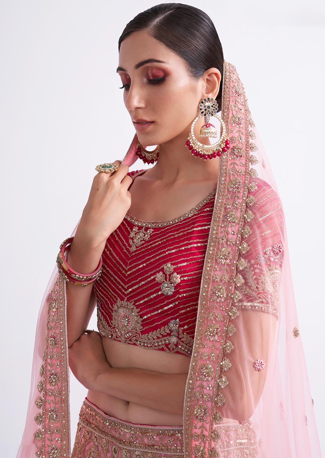 CHERRY RED HEAVY EMBROIDERED DESIGNER BRIDAL LEHENGA