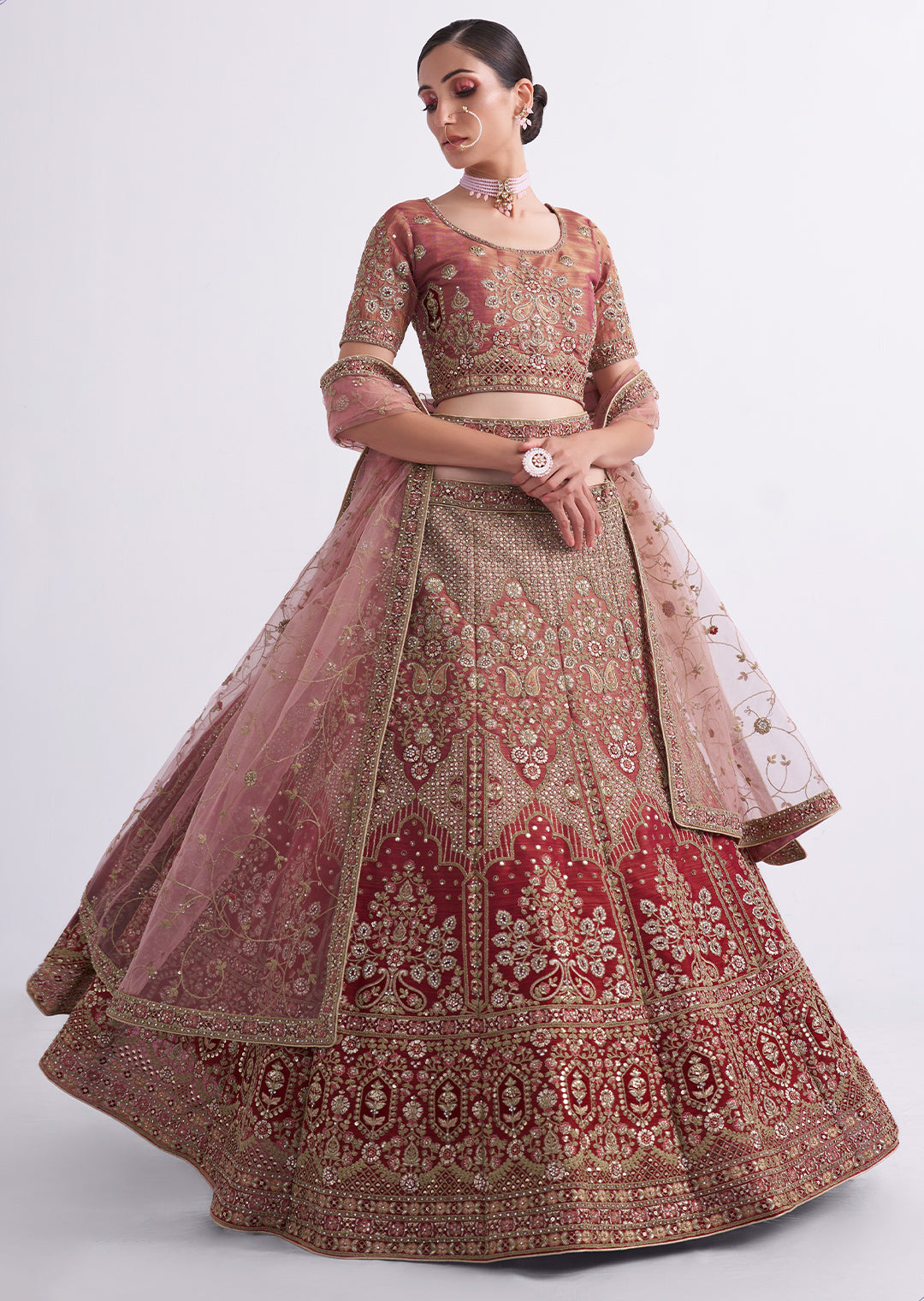 WATERMELON RED HEAVY EMBROIDERED DESIGNER BRIDAL LEHENGA