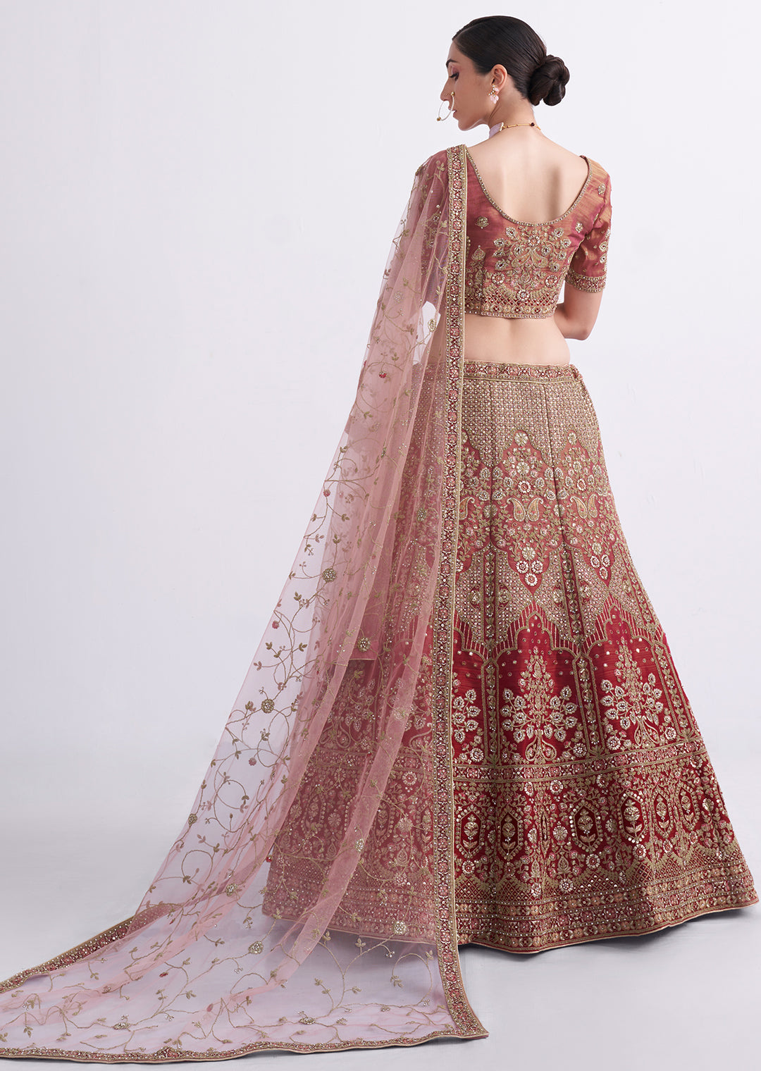 WATERMELON RED HEAVY EMBROIDERED DESIGNER BRIDAL LEHENGA