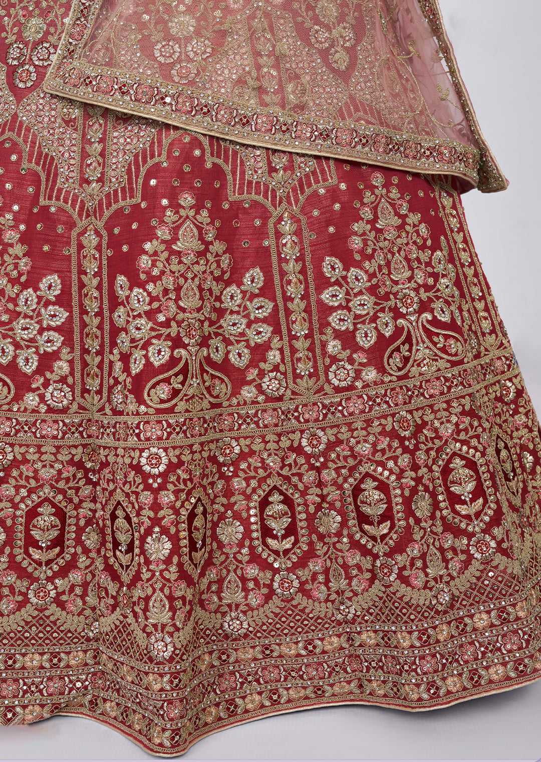 WATERMELON RED HEAVY EMBROIDERED DESIGNER BRIDAL LEHENGA