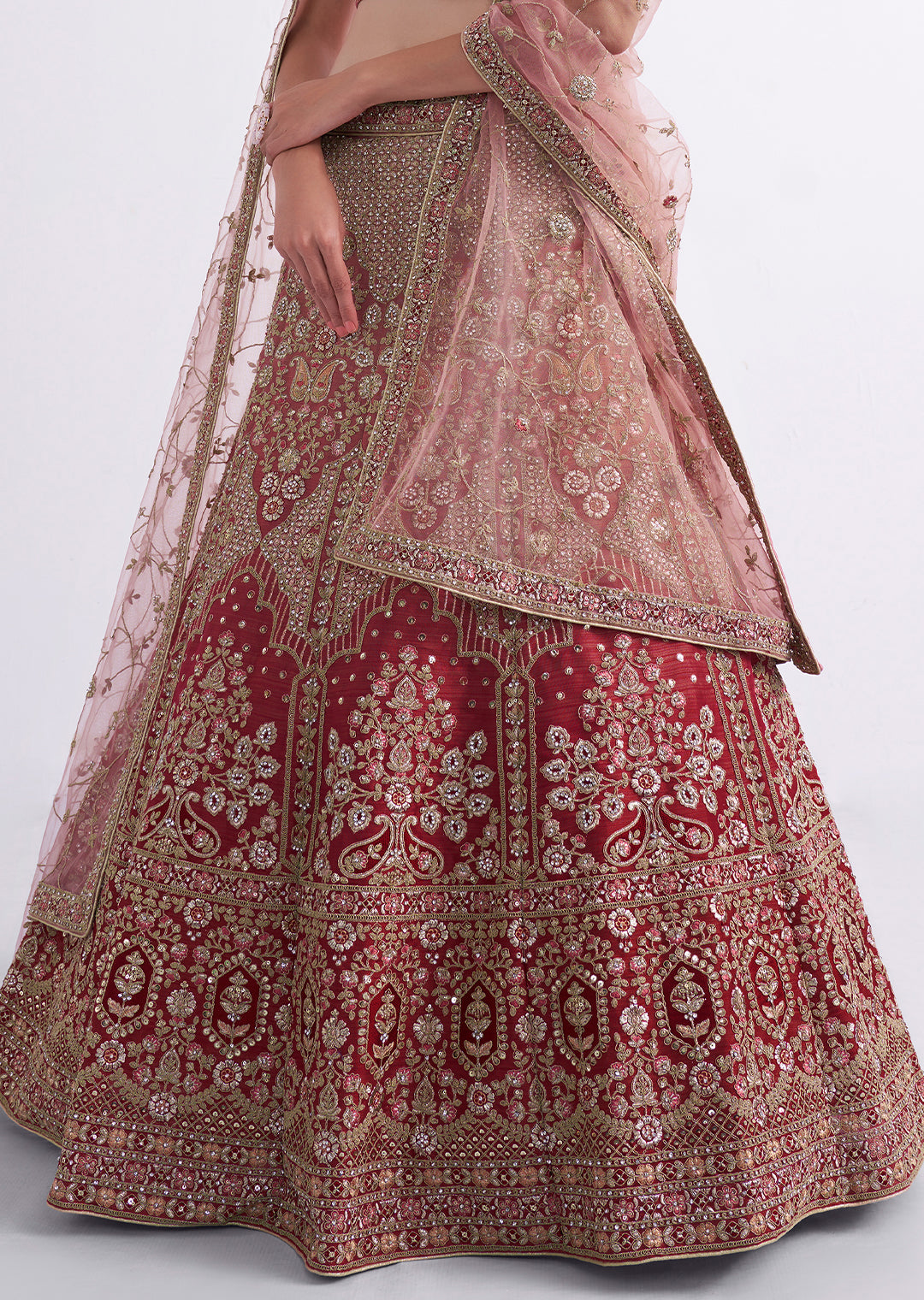 WATERMELON RED HEAVY EMBROIDERED DESIGNER BRIDAL LEHENGA